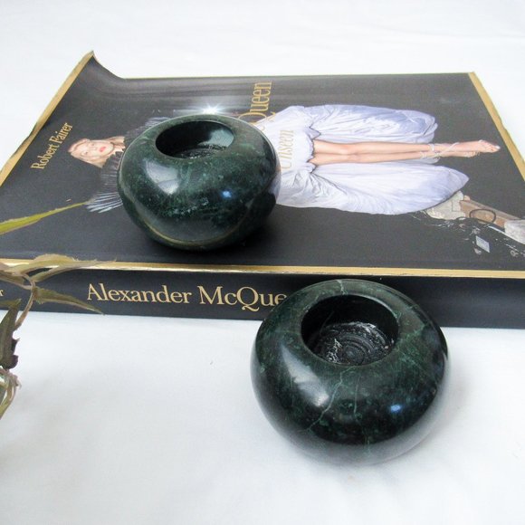 VINTAGE! Mid Century Modern Green Italian Marble Candle Stick Holders MCM Stone